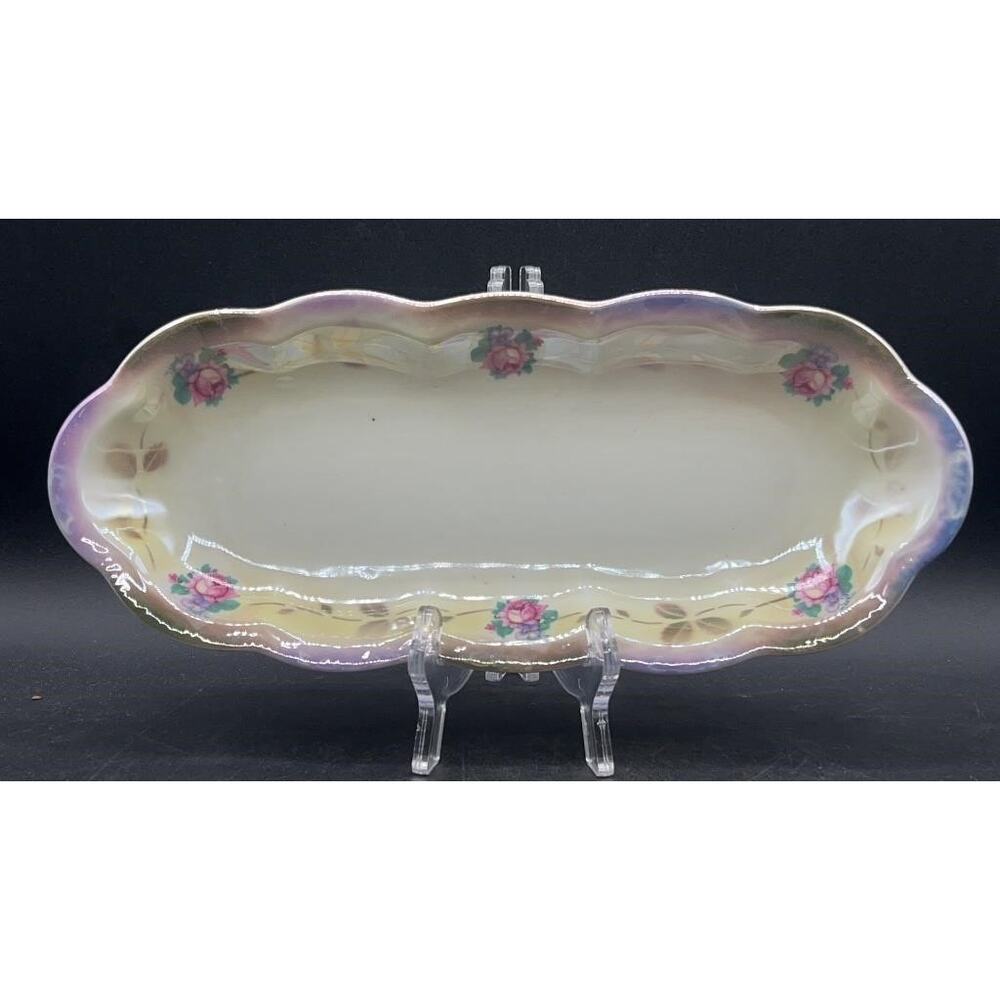VTG Bavaria Lusterware Celery Dish Hand-painted Floral 12.25"x5.25"x1.5"